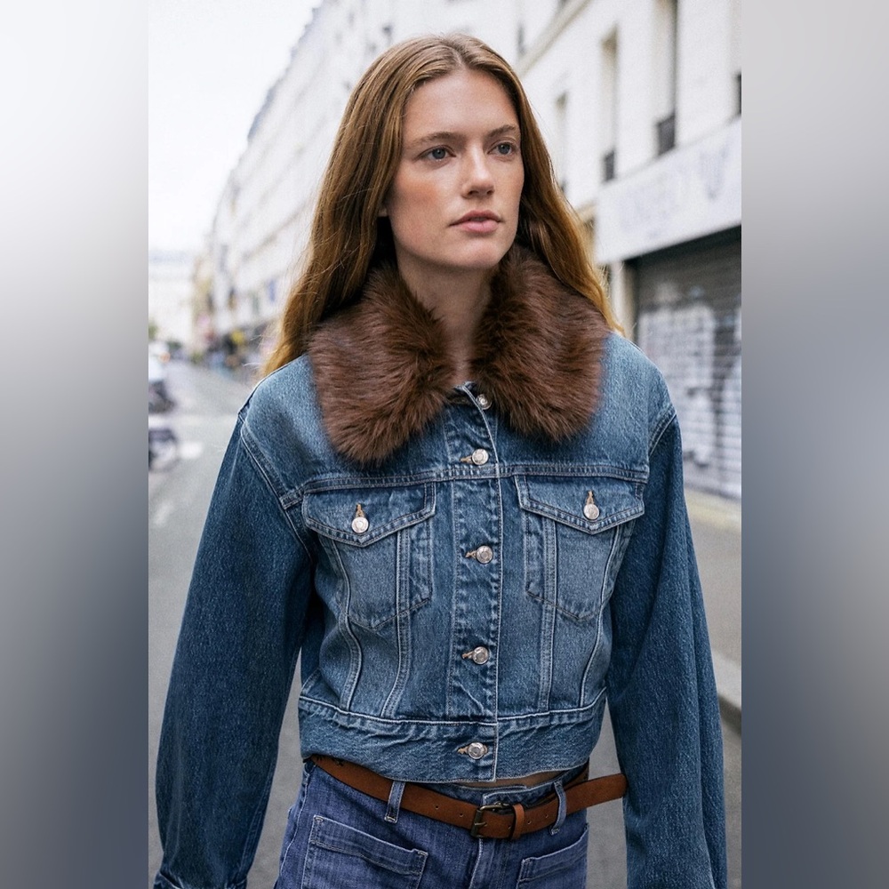 Zara Faux Fur lapel cropped denim jacket 💙